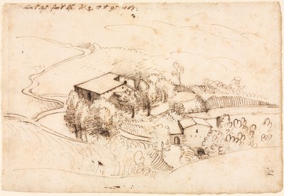 Gård med träd i ett kuperat landskap recto, 1567. av Gherado Cibo