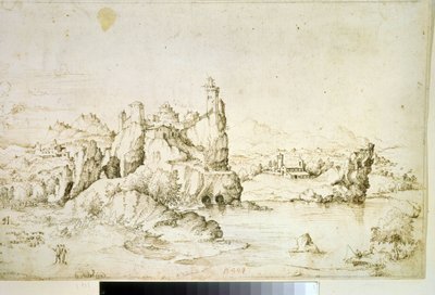 ""A Castle on a Rock in Mountainscape" (A Castle on a Rock in Mountainscape) Brunt tuschteckning av Gherardo Cibo (1512-1600) 1540 Pushkin Museum, Moskva av Gherardo Cibo