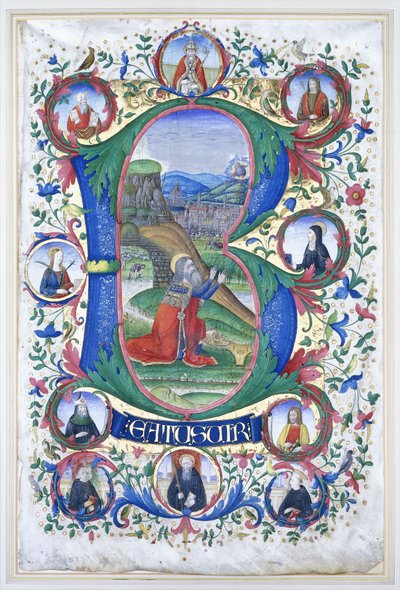 Kung David vid bön inom ett mycket stort initialt "B", omringen med tio stora rundlar som vardera innehåller porträttet av ett helgon, ca 1500 av Gherardo di Giovanni del Fora