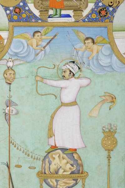 Detalj från allegoriskt porträtt av Jahangir (ogenomskinlig akvarell & guld på papper) av Ghulam Ali Khan