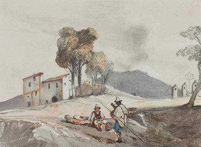 Herdar med Vesuvius i fjärran, med tillägg av en Borbone-pupill (penna, wc och gouache på papper) av Giacinto Gigante