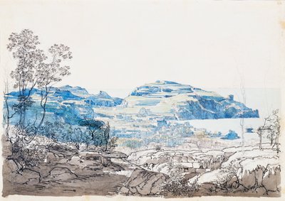 Utsikt över Ischia (Lacco Ameno), ca 1845 (blyerts, penna och akvarell) av Giacinto Gigante