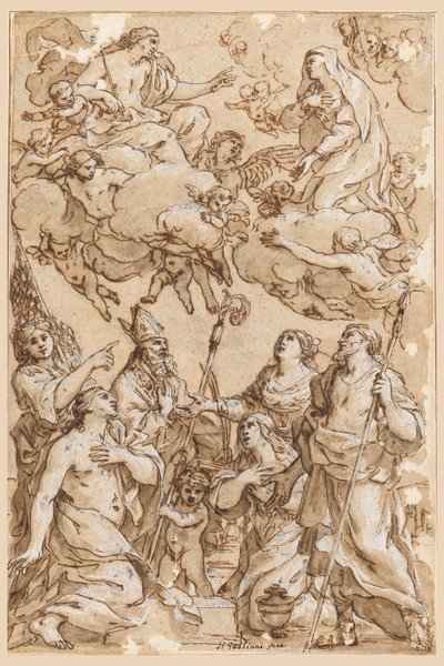 Teckning, Kristus och jungfrun med skyddshelgon från Pistoia, 1638 av Giacinto Gimignani