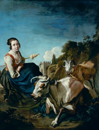 A Girl with a Cow and Sheep in a Rocky Landscape, c.1700 (olja på duk) av Giacomo Ceruti