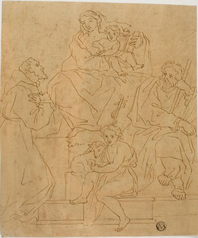 Den heliga familjen med den helige Franciskus av Assisi och Johannes Döparen av Giacomo Cavedone