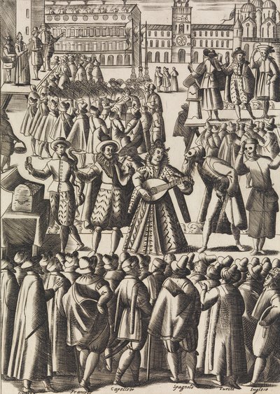Underhållning som charlataner ger varje dag på Piazza di S. Marco al Populo ..., ca. 1610. av Giacomo Franco