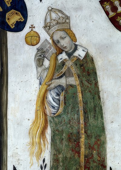 Skildring av markisen av Saluzzo och deras fruar som historiska och mytologiska hjältar och hjältinnor. Detalj: Beatrice Visconti som aetiope, fru till Fredericos I 1418-30 av Giacomo Jaquerio