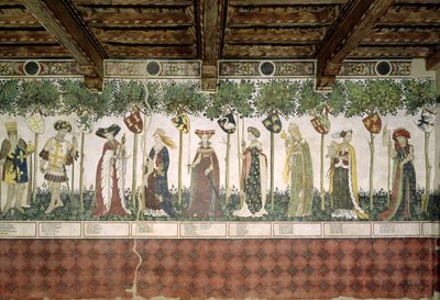 De nio värdiga och de nio värdiga kvinnorna, detalj av Karl den store, Godfrey de Bouillon, Delphine, Iynoppe, Hippolyte, Menalyppe, Semiramis, Lampeto och Tamyris, 1418-30 av Giacomo Jaquerio