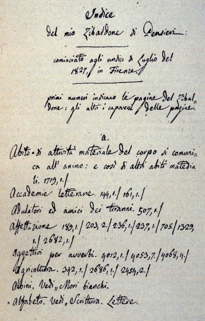 Initiation av manuskriptet till Zibaldone (eller "Pensieri") av Giacomo Leopardi (1798 - 1837). 1817-1832 av Giacomo Leopardi