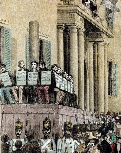 Risorgimento: "" medlemmar av Giovine Italia-rörelsen (inklusive Carlo Cattaneo (1801-1869), Tinelli, Danzi, Bussi) sitter framför Justitiepalatset i Milano och lyssnar på domen som dömde dem till exil 1848"" 1884 Litografi av Manteg av Giacomo Mantegazza