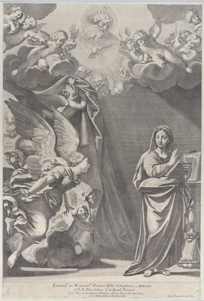 Bebådelsen, med Gabriel och andra änglar till vänster och Gud Fadern ovan, 168..., 1687-1717. av Giacomo Maria Giovannini