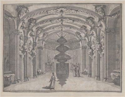 Teaterscen i en stor sal med välvt tak och en central skulptur, ..., ca. 1687-1717. av Giacomo Maria Giovannini