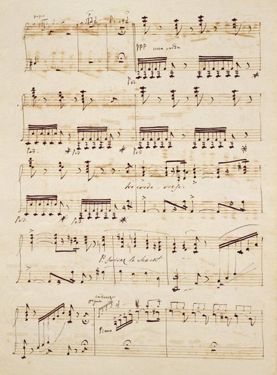 Manuskriptblad från partituret till "Les Huguenots". av Giacomo Meyerbeer