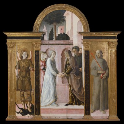 Triptyk: Visitationen, mellan S:t Mikael och S:t Franciskus (målning på trä) av Giacomo Pacchiarotti