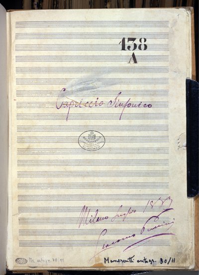 Manuskriptnoter till "" Symphonic Caprice "" "(Symphonic Caprice") av kompositören Giacomo Puccini (1858-1924) 1883. Bibliotek vid Giuseppe Verdi Conservatory, Milano av Giacomo Puccini