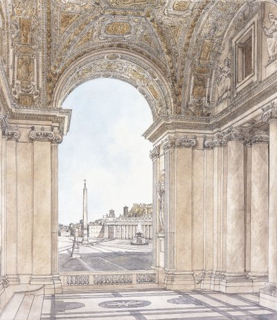 En utsikt över Piazza San Pietro, Rom med utsikt söderut från basilikans portik, före 1779 av Giacomo Quarenghi