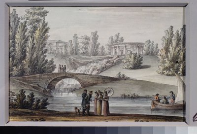 Apollontemplet och vattenfallet i Pavlovsk Park (Sankt Petersburg). Verk av Giacomo Antonio Domenico Quarenghi (1744-1817), bläck och akvarell på papper, cirka 1800. Italiensk konst av Giacomo Quarenghi