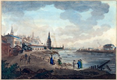 Vy över Kreml från Moskva från stenbron över Moskva (Moskva eller Moskwa). Verk av Giacomo Antonio Domenico Quarenghi (1744-1817), akvarell och bläck på papper, cirka 1790. Italiensk konst av Giacomo Quarenghi