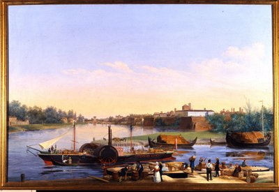 Utsikt över hamnen i Pavia (Pavia) på Po och ångbåten Principessa Clementina””””” Målning av Giacomo Trecourt (1812-1882) 1800-talet av Giacomo Trecourt