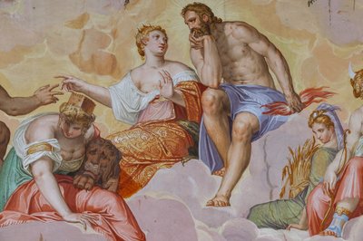 Juno, Jupiter, Cybele liggande på moln, ovanför arkitektoniska ruiner, detalj av Olympens rum, ca 1557 (fresk) av Giambattista Zelotti