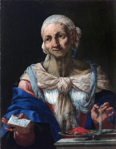 Old Woman with a Pearl Necklace and Letter (Vanitas) - Old Woman with a Pearl Necklace and Letter (Vanitas) - Giovan Battista Langetti (1635-1676). Olja på duk, ca 1663. Nationalgalleriet, Prag av Giambattista Langetti