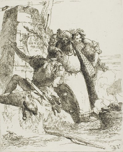 En trollkarl, en soldat och tre figurer som tittar på en brinnande skalle, från Scherzi av Giambattista Tiepolo