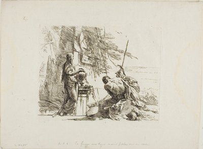 En kvinna med händerna på en vas, soldat och slav, från Capricci av Giambattista Tiepolo