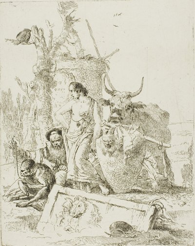 Unga herdar och gammal man med en apa, från Scherzi av Giambattista Tiepolo