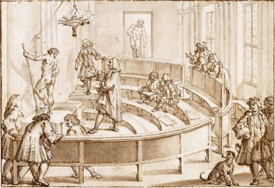 Academia Clementina, Bologna, med en naken som placeras av ritmästaren, Farnese Hercules bortom av Giampietro Zanotti