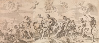 Bacchus med sina följeslagare upptäcker Ariadne på ön Naxos, efter Reni, 165..., 1650-80. av Gian Battista Bolognini