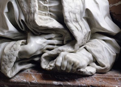 Byst av Gabrielle Fonsecas läkare av påven Innocentius X detalj av händerna som håller i en mantel, från Fonseca Chapel marmordetalj av 96874 av Gian Lorenzo Bernini