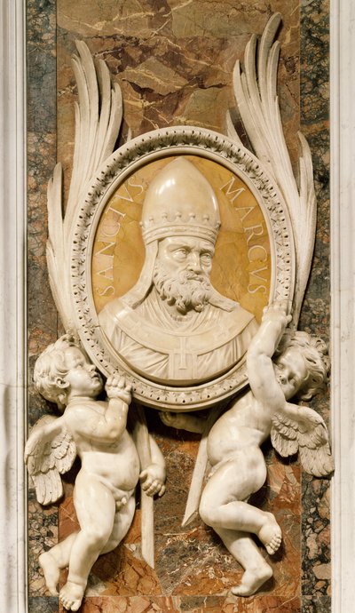 San Marco, relief av Gian Lorenzo Bernini (1598-1680), detalj av marmordekoration längs pelarna i huvudgången, Peterskyrkan, Rom, Vatikanstaten av Gian Lorenzo Bernini