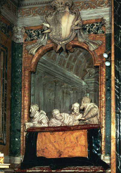 Sidolåda med familjen Cornaro, marmorskulptur från Gian Lorenzo Berninis skola (1598-1680), Cornaro kapell, kyrkan Santa Maria della Vittoria, Rom, Italien av Gian Lorenzo Bernini