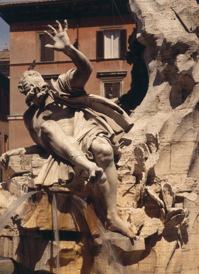 The Fountain of the Four Rivers, detalj av figuren som representerar flodplattan, 1648-51 stendetalj av 96887 av Gian Lorenzo Bernini