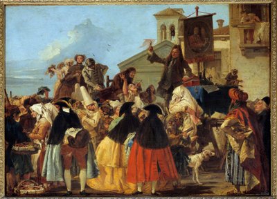 En tandläkare tar bort en tand och bränner den som en trofé på karnevalen i Venedig. Målning av Giovanni Domenico Tiepolo (Giandomenico Tiepolo) (1727-1804) 1754. Sön 1,1x0,8 m av Giovanni Domenico Tiepolo
