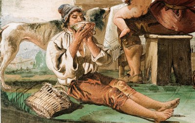 Detalj från bondefamiljen vid bordet, från rummet med rustika scener, i Foresteria, 1757 av Giovanni Domenico Tiepolo