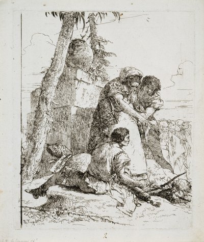 Trollkarl som pekar ut ett brinnande huvud till två ungdomar, ca. 1740-talet av Giovanni Domenico Tiepolo