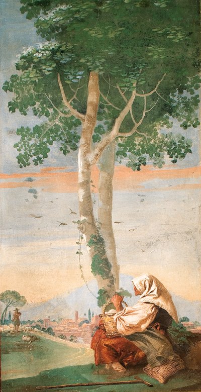 Den äldre bondekvinnan sittande under ett träd med en korg med ägg, från Country of Country Scenes Room, 1757 av Giovanni Domenico Tiepolo