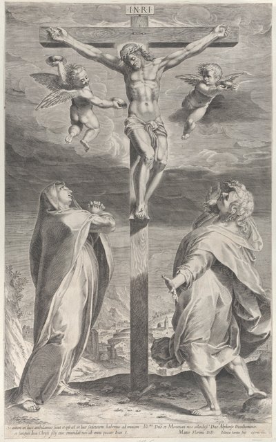 Korsfästelse med Jungfru Maria och Johannes evangelisten, änglar över huvudet, ca. 1593., ca. 1593 av Gijsbert Van Veen