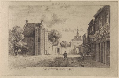Utsikt över Waterpoort i Gouda av Gijsbertus Johannes Verspuy
