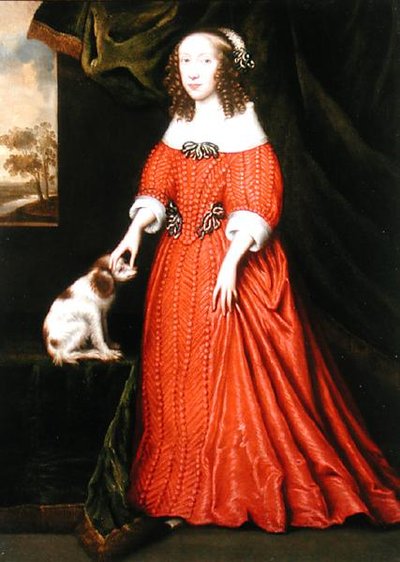 Porträtt av en ung kvinna i röd klänning med en spaniel (olja på duk) av Gilbert (attr.to) Jackson