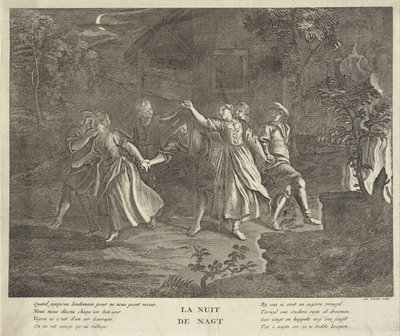 Natt: runddans av unga män och kvinnor La nuit / Natten (titel på objekt) av Gilbert Schoute