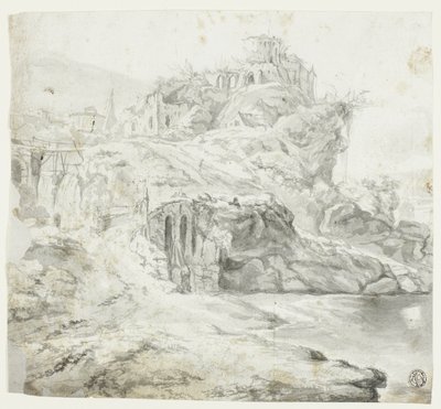 Klippig udde med ruiner och kaskader (recto); Skiss av klippa med byggnader (verso) av Giles Edme Petit