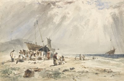 Fishmarket on the Beach (wc över grafit på papper) av Giles Firman Phillips