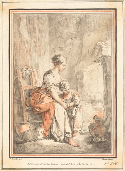 Kvinna och barn framför en öppen spis av Gilles Antoine Demarteau after François Boucher