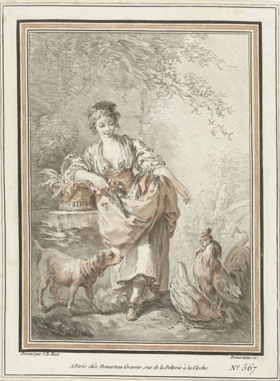 Ung kvinna med hund och tupp och höna av Gilles Demarteau