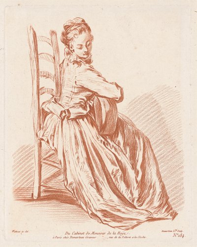 Kvinna som spelar gitarr av Gilles Demarteau, the Elder, Antoine Watteau