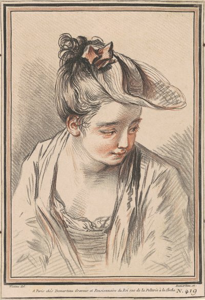 Chef för en ung kvinna som bär en hatt av Gilles Demarteau the Elder after Antoine Watteau