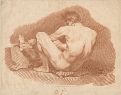 Sittande naken man, sedd bakifrån, drar i ett rep av Gilles Demarteau, the Elder after Carle Van Loo