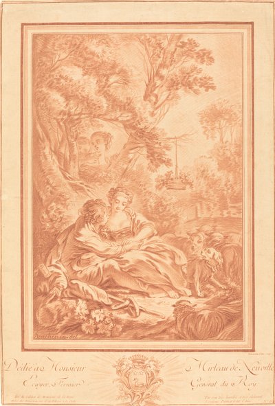 Två älskare som sitter vid foten av ett stort träd, överraskade av två flickor av Gilles Demarteau, the Elder after François Boucher